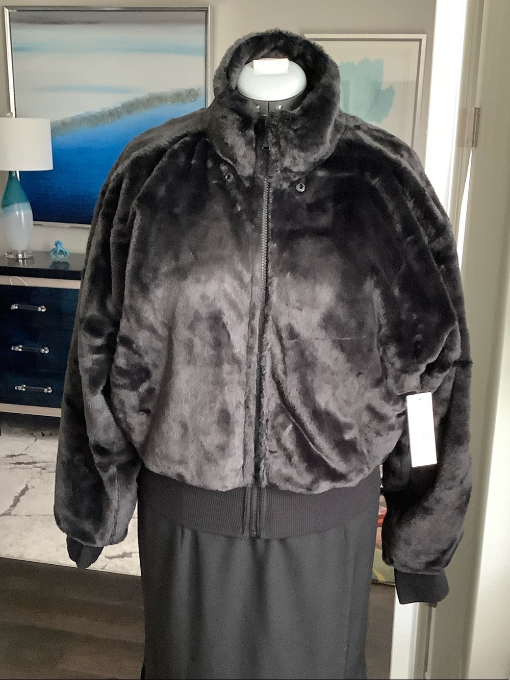 DKNYC Black Plush Faux Fur Bomber Jacket
